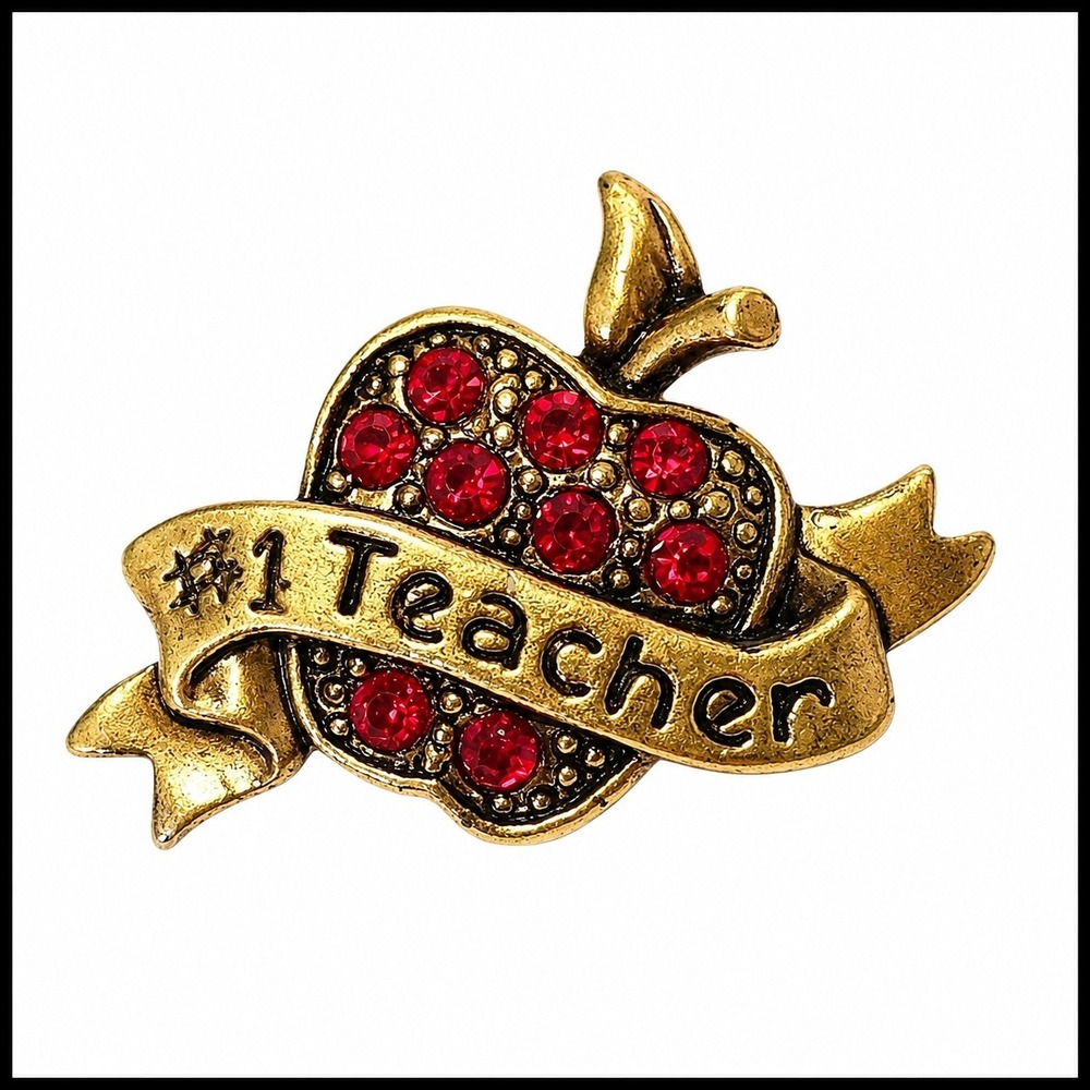 Avon #1 Teacher Apple Pin Brooch Red Rhinestone Gold Tone Lapel Gift
